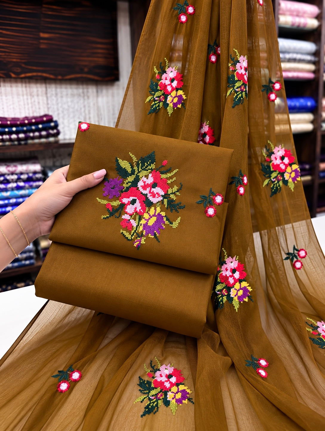 Cross Stitch Multi-Flower Embroidered Soft Cotton with Chiffon Dupatta - 3PC Unstitched Dress 👗