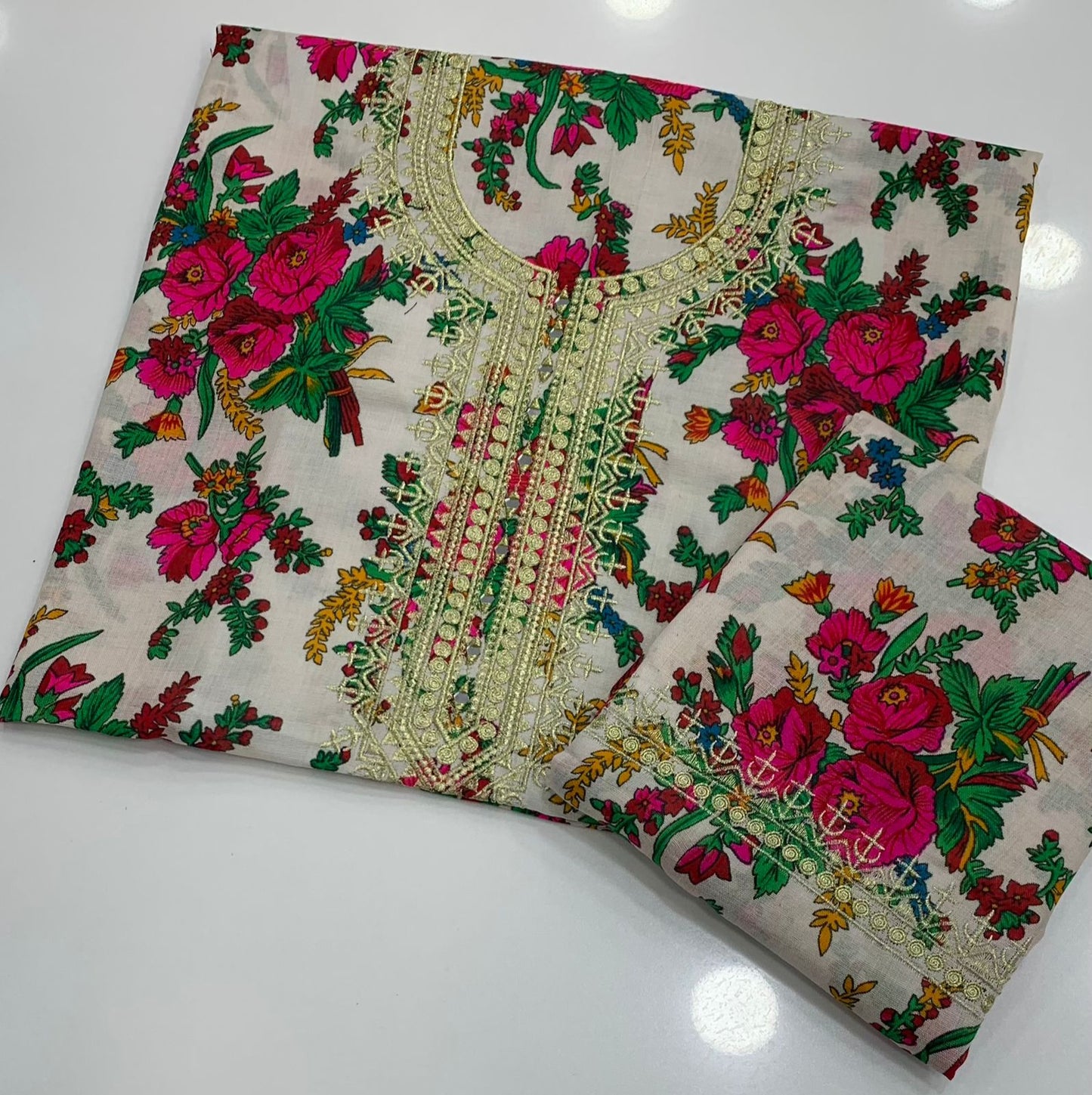 Winter 2-Piece Acrylic Marina Floral Print Suit with Zari Mirror Work