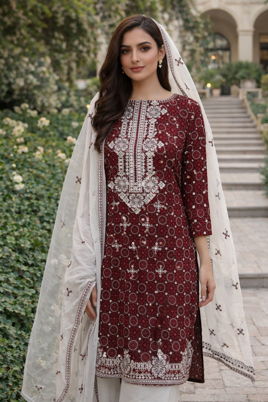 9MM Sitara Computer Embroidery Ajrak Lawn Print Shirt, Soft Cotton Embroiderd Trouser with Chiffon Dupatta - 3PC Unstitch Dress 👗