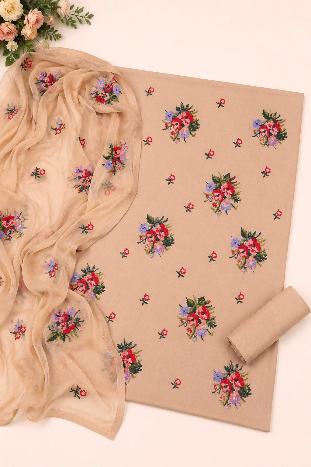 Cross Stitch Multi Floral Bunches Embroidered Lawn Cotton Shirt & Trouser with Chiffon Dupatta - 3PC Unstitched Dress