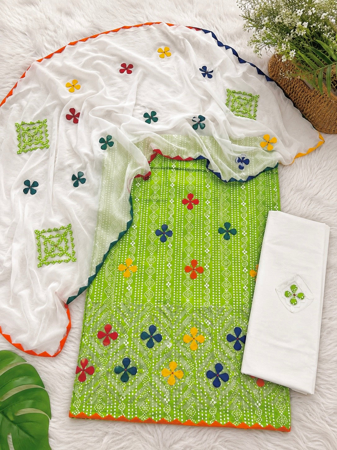 Digital Chunri Print Cotton Fabric Multi Applic Work Handmade with Chiffon Applic Work Dupatta - 3PC Unstitch Dress 👗