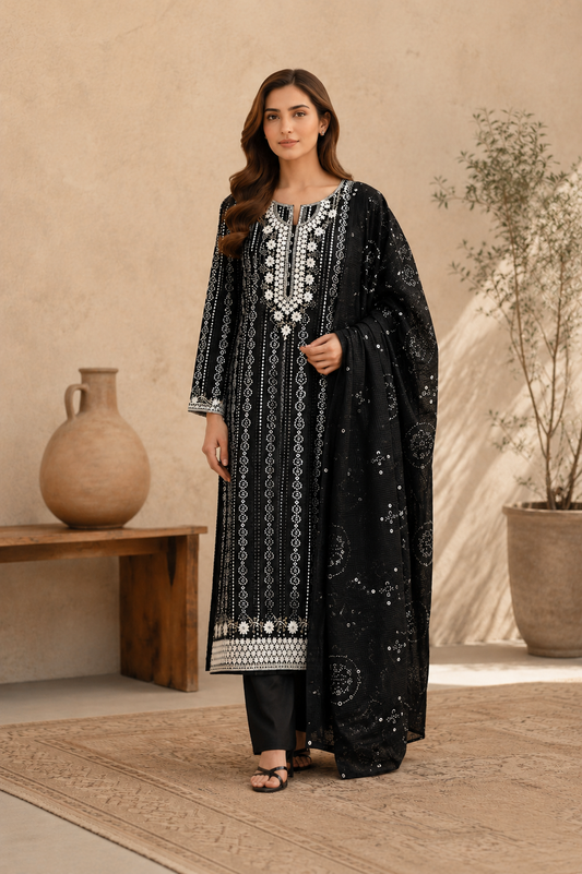 Lawn Cotton Chunri Print White Floral Embroidered Shirt With Handmade Applic Net Karandi Dupatta & Plain Lawn Trouser – 3PC Unstitched Dress 👗