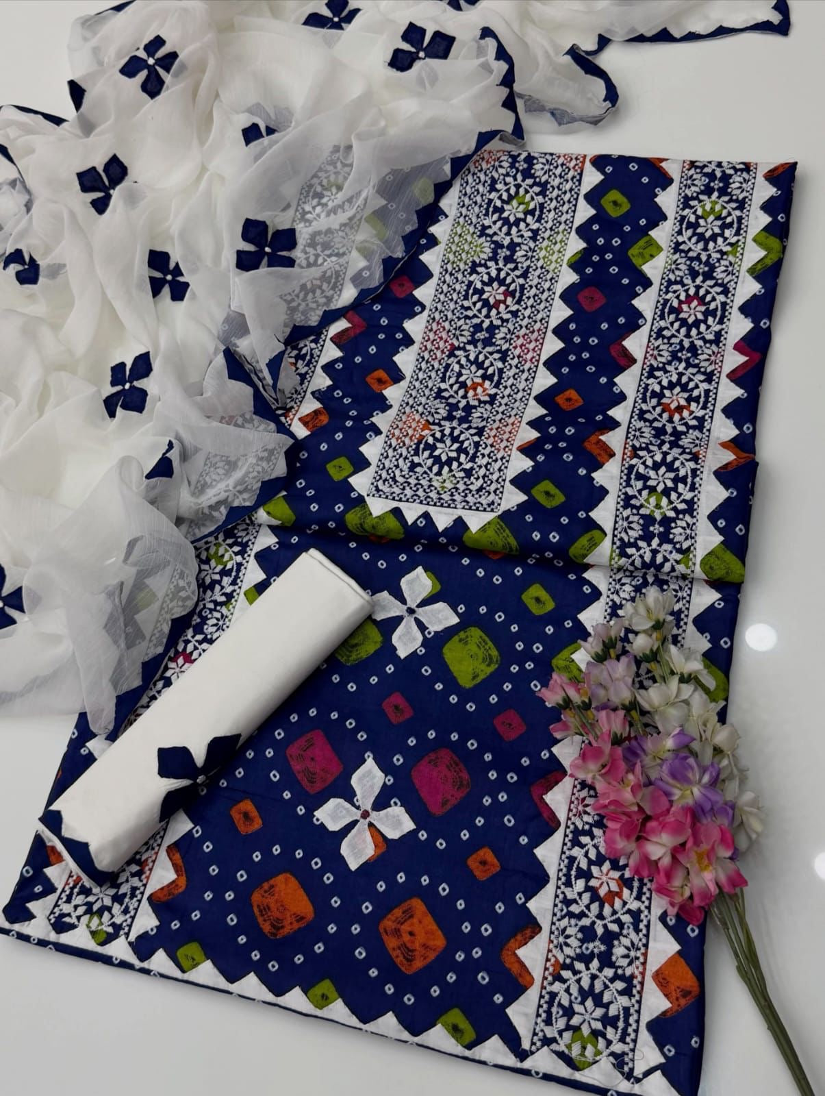 Multi Chunri Print Applic Handmade Panel with Patti Embroidered Lawn Cotton With Chiffon Dupatta – 3PC Unstitched Dress 👗