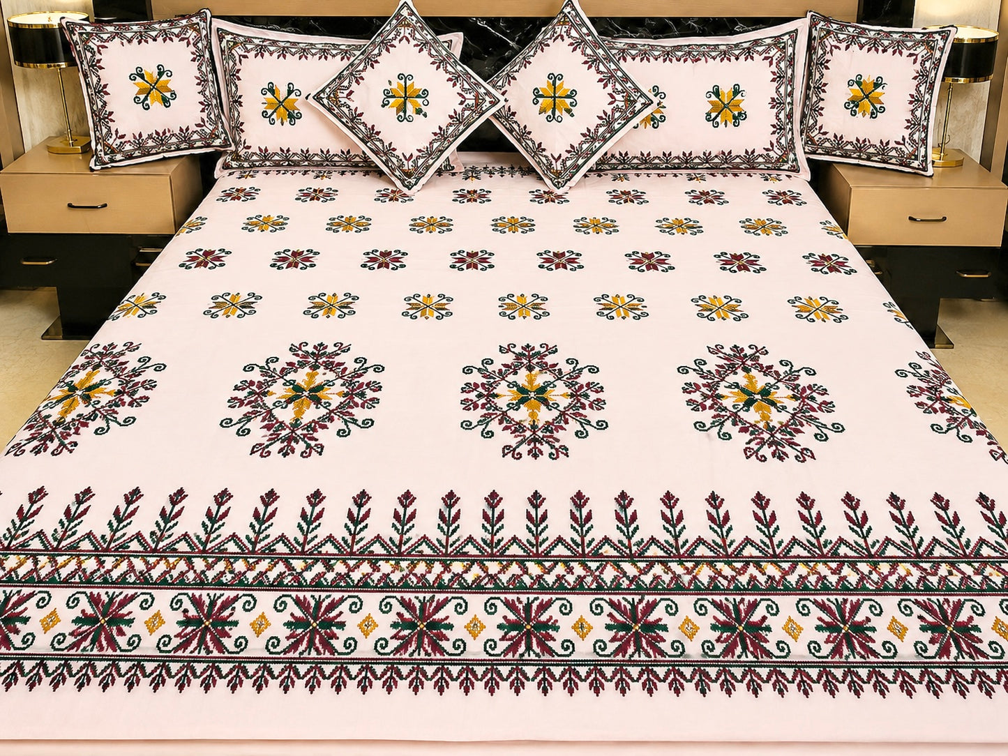 Sindhi Hurmcha Heavy Ari Embroidery 7-Piece Bridal Bedsheet Set – Soft Cotton Fabric | King Size