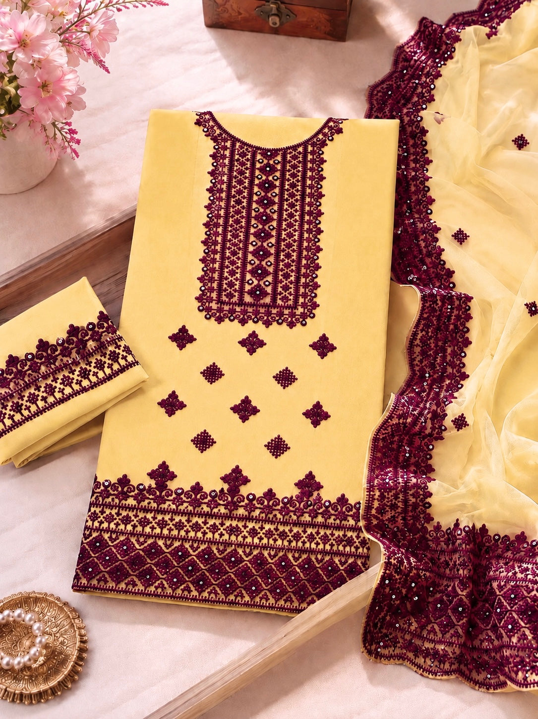 Hurmucha Machine Work & Sitara Foil Detailing Embroidered Lawn Cotton with Chiffon Dupatta – 3PC Unstitch Dress 👗