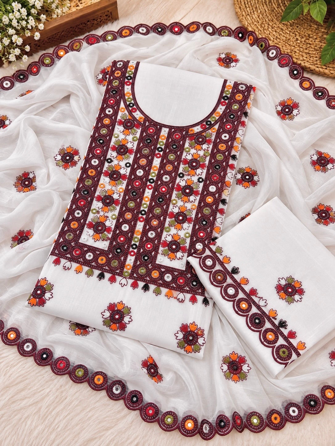 Multi Balochi Thick Thread Sitara Embroidered Soft Cotton with Cutwork Border Chiffon Dupatta - 3PC Unstitched Dress 👗