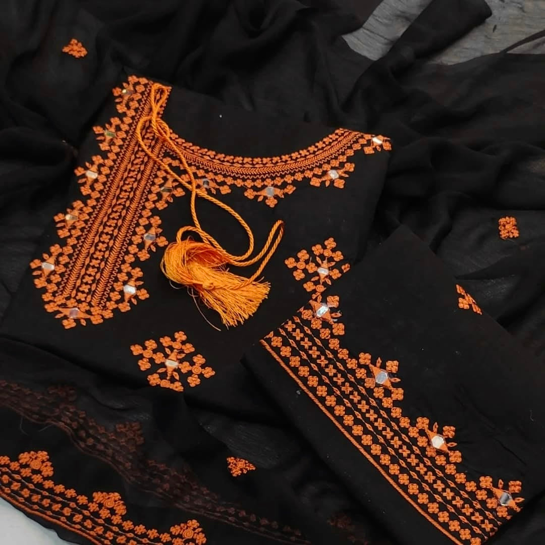 Angrakha Style Black & Orange Machine Embroidered Soft Cotton 3-Piece Suit with Mirror Work & Chiffon Dupatta