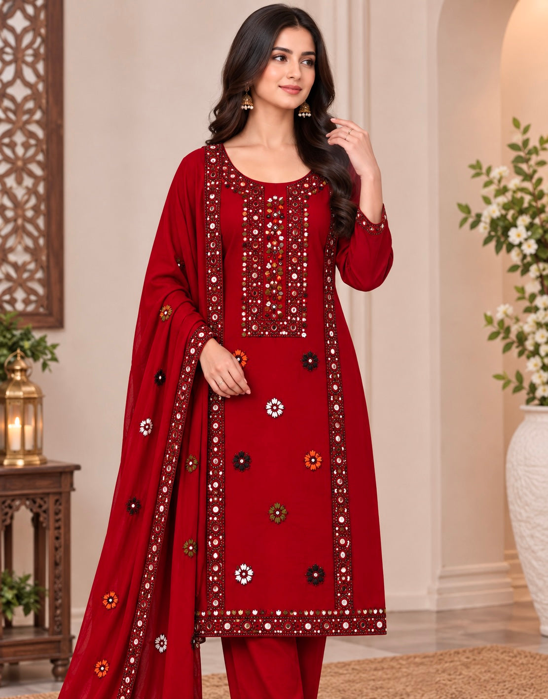 Balochi Multi Thick Thread & 9MM Sitara Heavy Embroidered Soft Cotton Shirt & Trouser with Chiffon Dupatta | 3PC Unstitched Dress 👗