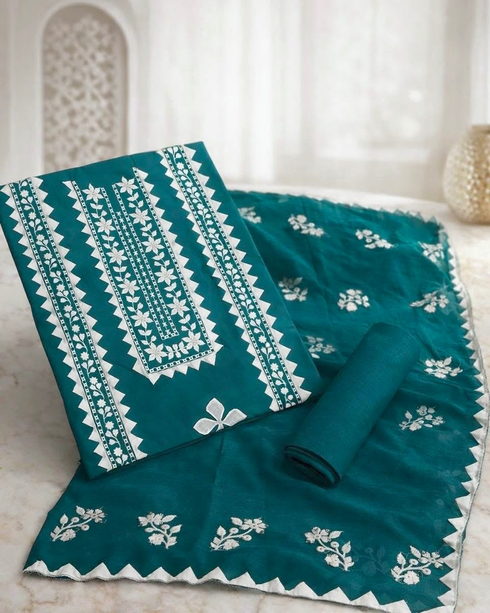 Elegant Handmade Applic Work Embroidery Lawn Cotton with Chiffon Dupatta - Unstitch 3PC Dress 👗