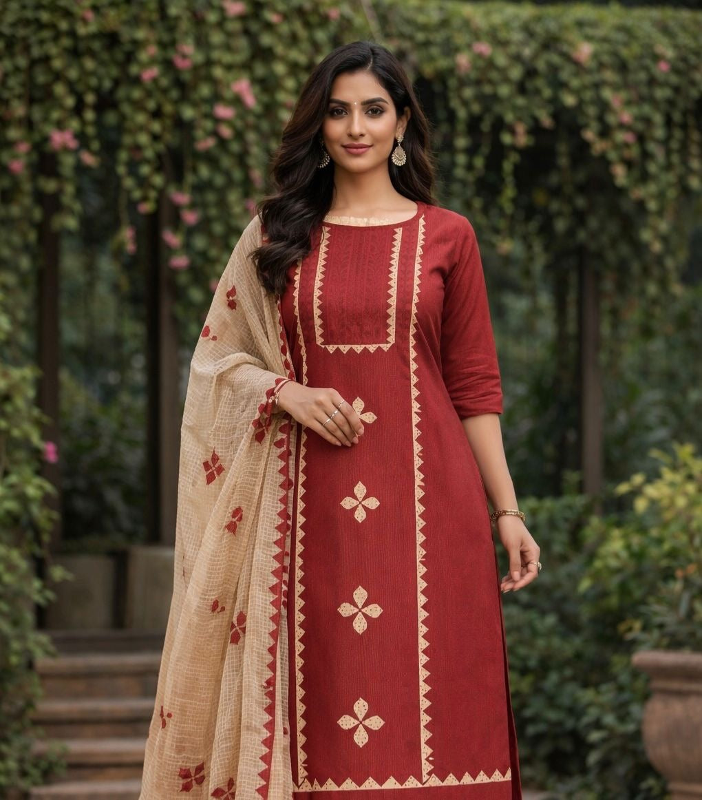 Applic Handmade 3-Piece Soft Cotton Khaddar with Net Karandi Dupatta - 3PC Unstitch Dress