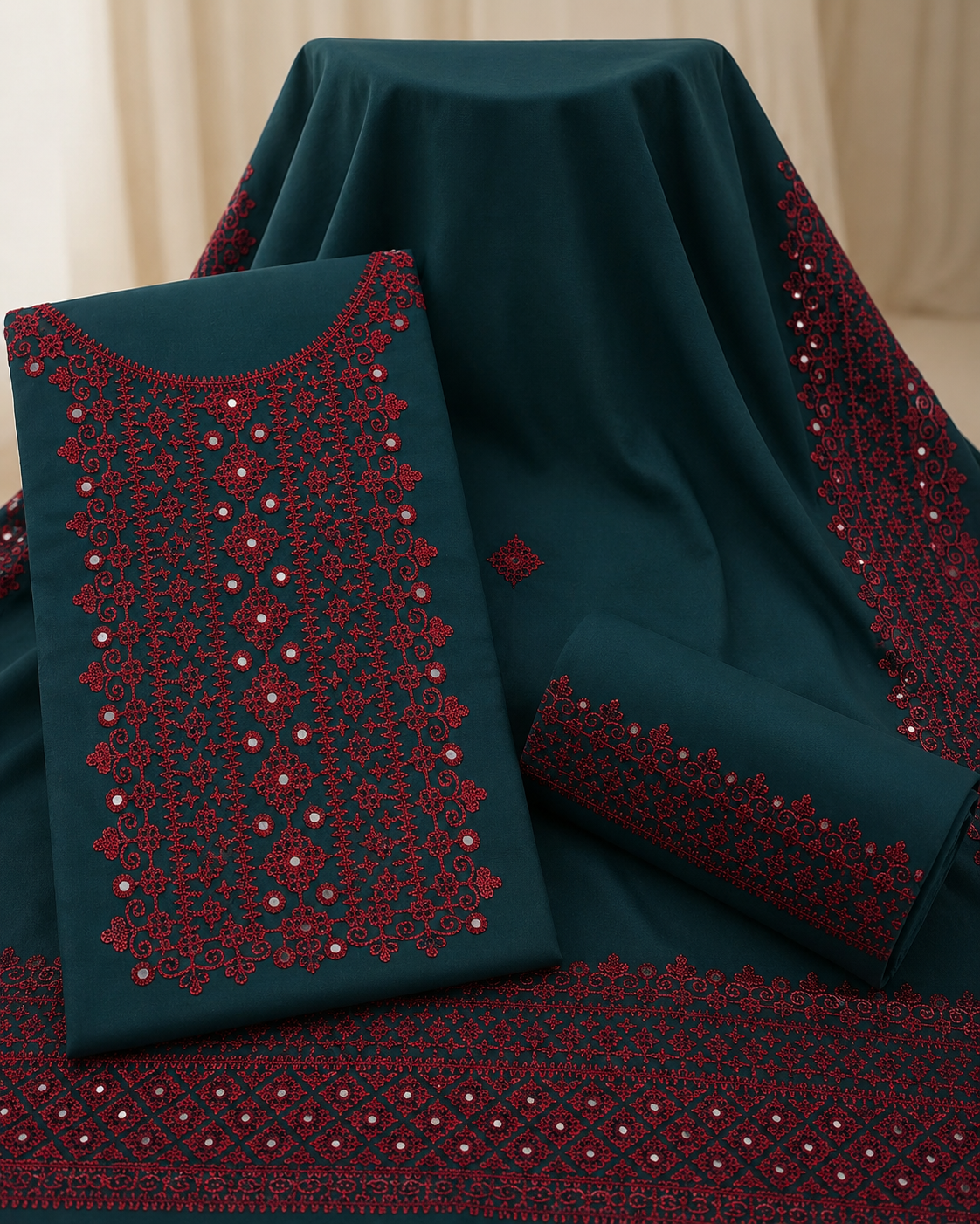 Hurmucha Machine Work & Sitara Foil Detailing Embroidered Soft Cotton with Chiffon Dupatta – 3PC Unstitch Dress 👗