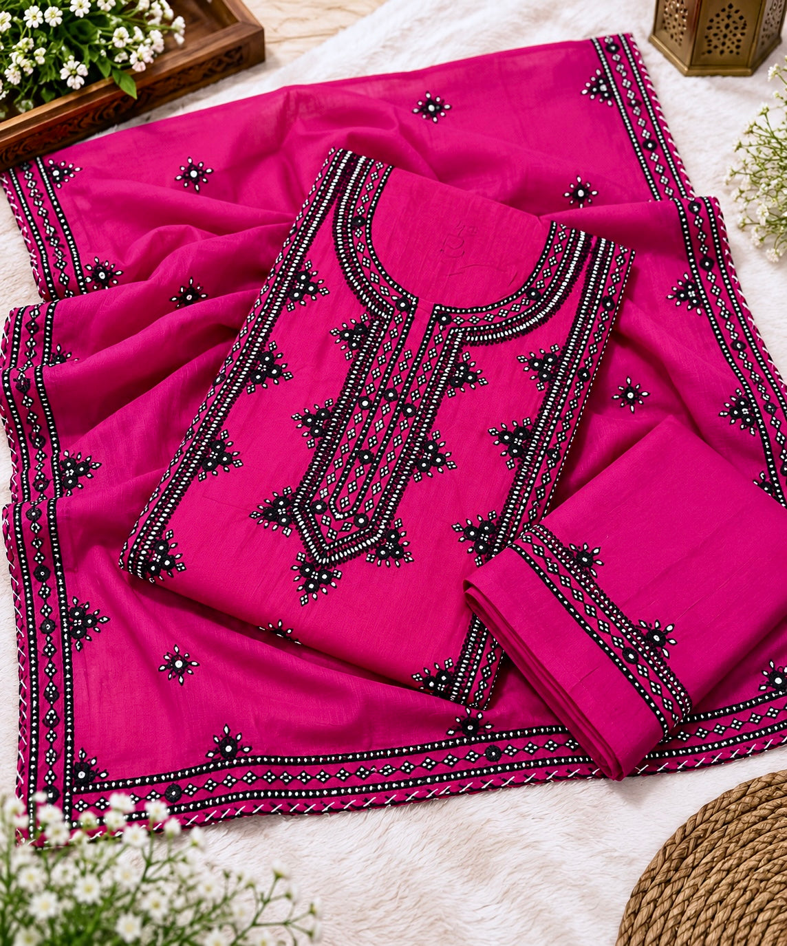 Balochi Handmade Gala Panel Original Mirror Work Soft Cotton  with Chiffon Dupatta - 3PC Unstitched Dress 👗