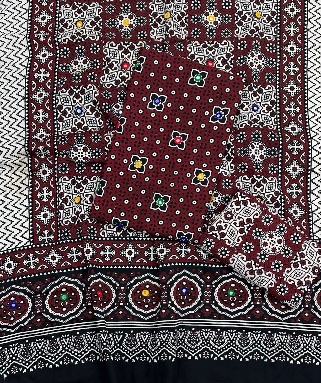 Ajrak Soft Cotton 3-Piece Suit with Multi Sitara Foil Work – Hand-Dyed Traditional Elegance
