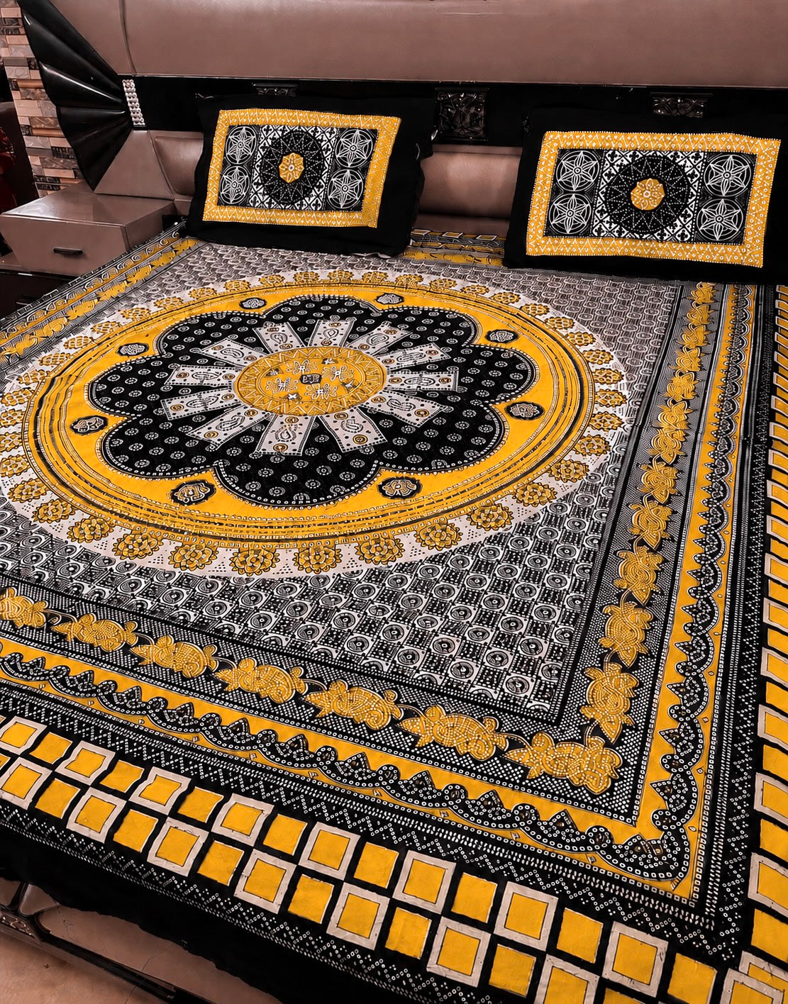 King Size Ajrak Block Hand Print Cotton Stuff Bedsheet Set with 2 Unstitched Pillow Covers