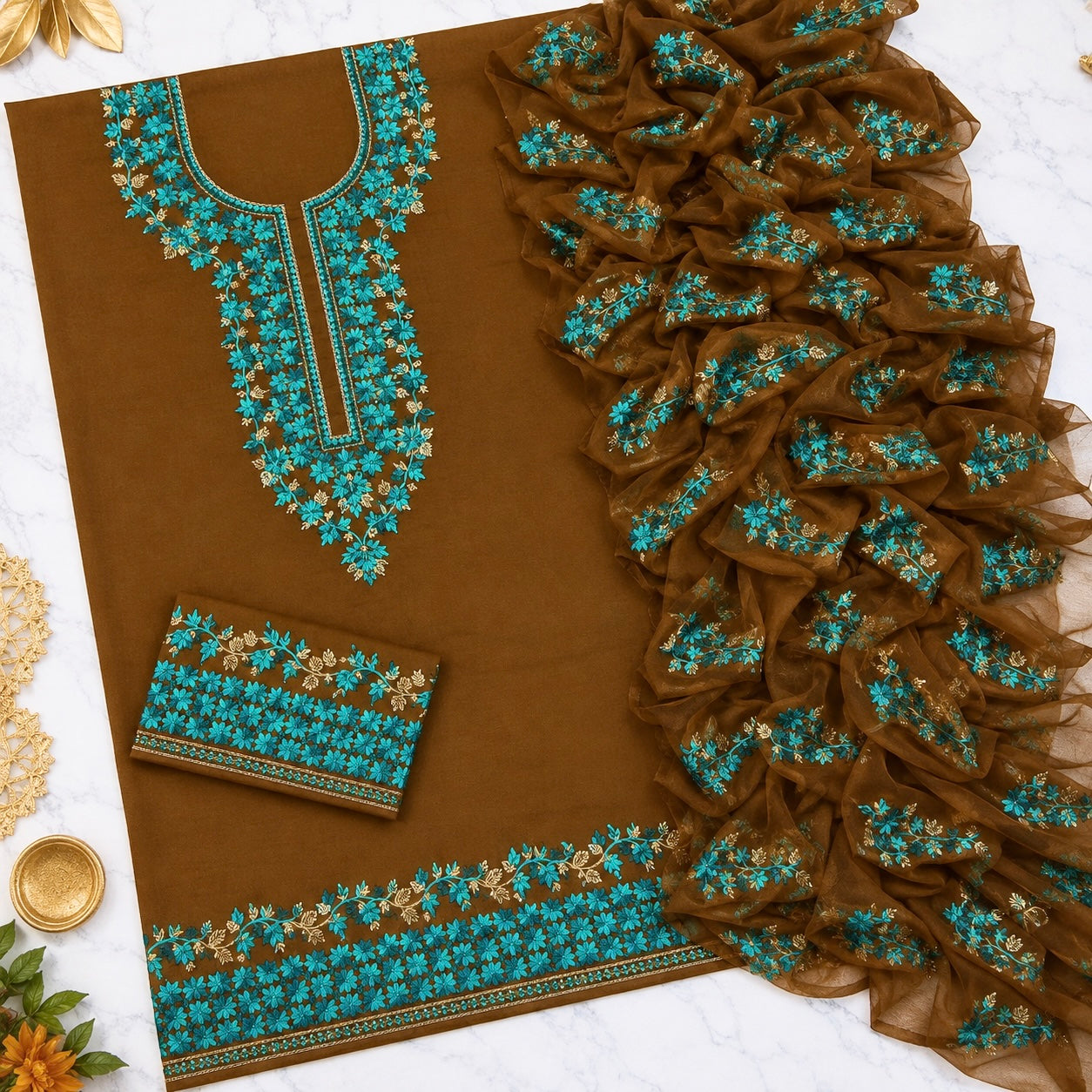 Two-Tone 3MM Sitara Thick Thread Flower Work Embroidery Soft Cotton with Chiffon Dupatta - 3PC Unstitch Dress 👗