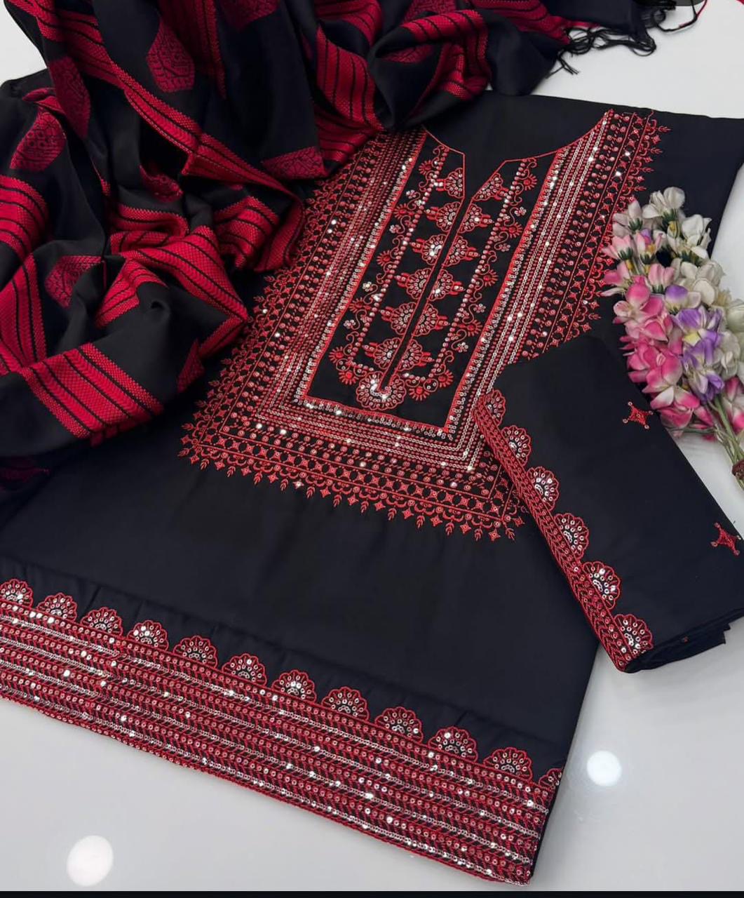 Winter Staple Sussi Suit with 3MM Sequence Sitara Computer Embroidery With Thari Shawl Jacquard Dupatta 3PC Dress 👗