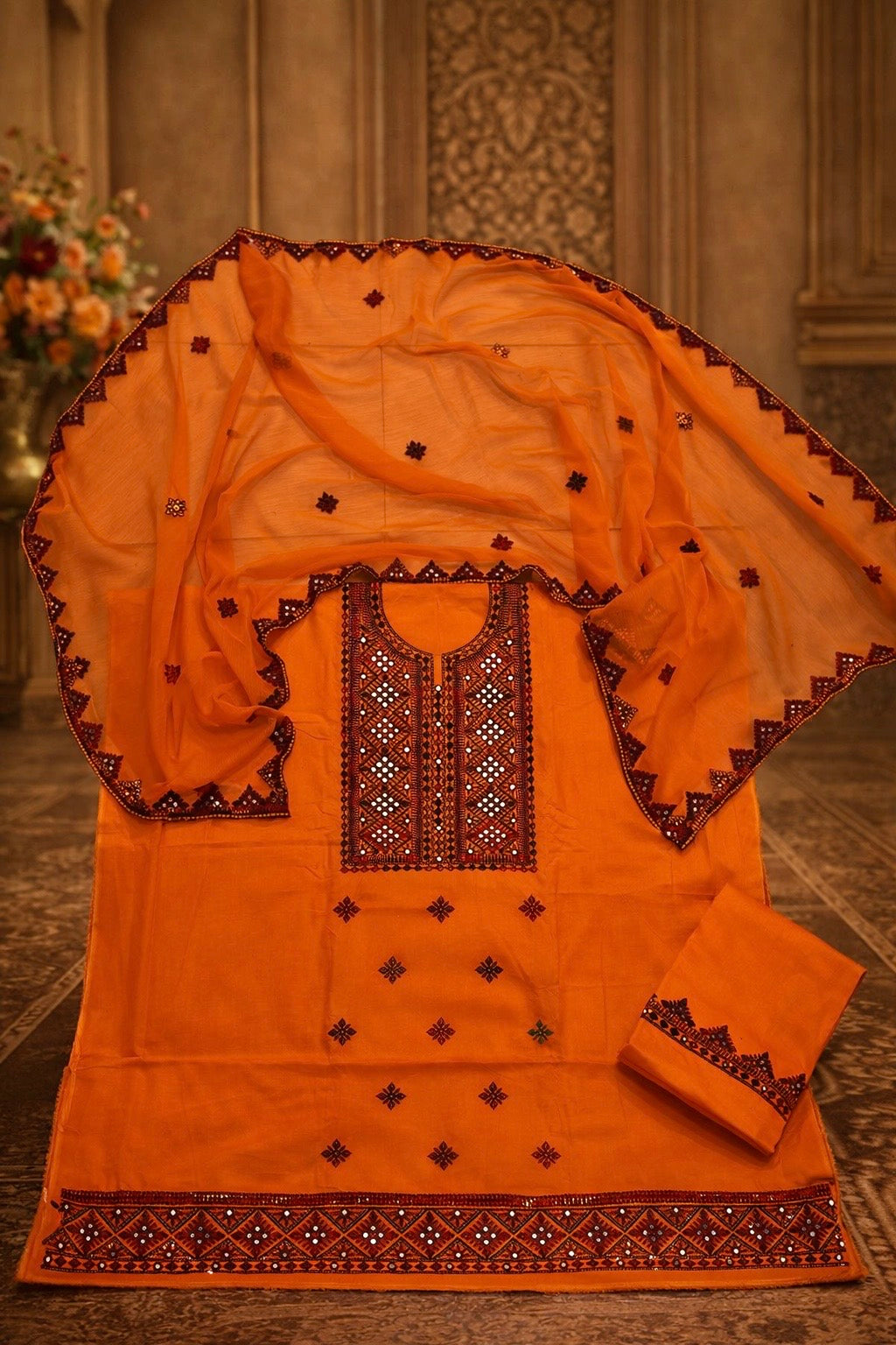 Balochi Sitara Foil Aari Machine Embroidery Soft Cotton with Chiffon Dupatta - 3PC Unstitched Dress 👗
