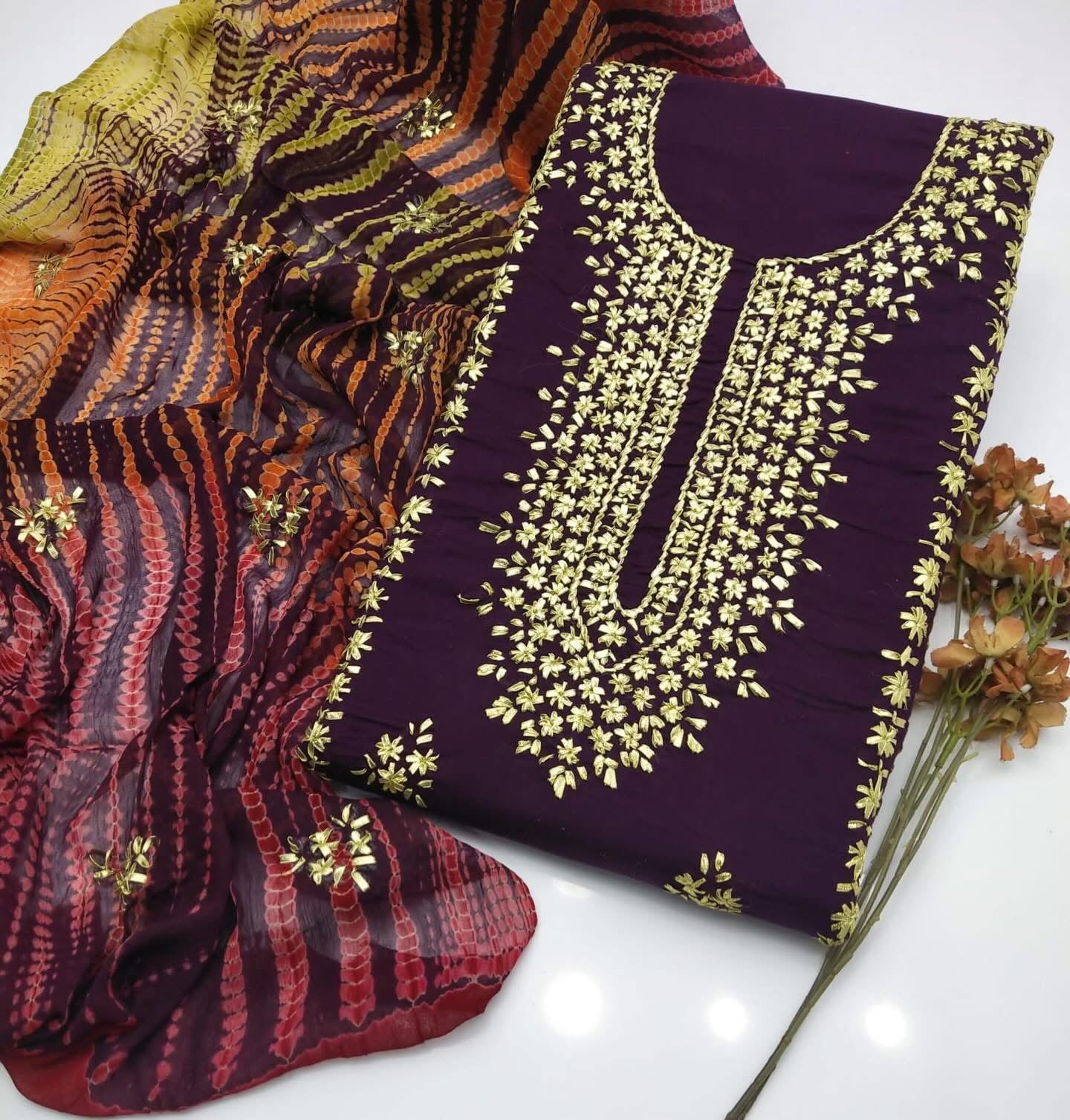 Gotta Work Handmade Lawn Stuff with Chiffon Tie-Dye Dupatta 3PC Unsticthed Dress