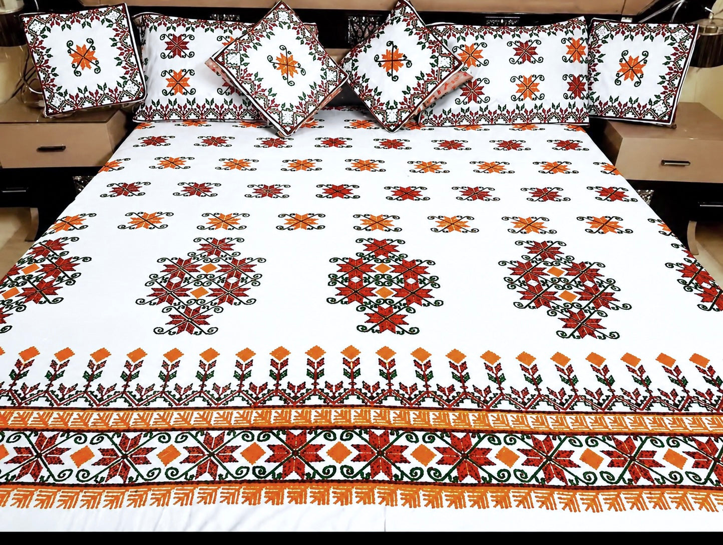 Sindhi Hurmcha Heavy Ari Embroidery 7-Piece Bridal Bedsheet Set – Soft Cotton Fabric | King Size