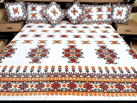 Sindhi Hurmcha Heavy Ari Embroidery 7-Piece Bridal Bedsheet Set – Soft Cotton Fabric | King Size