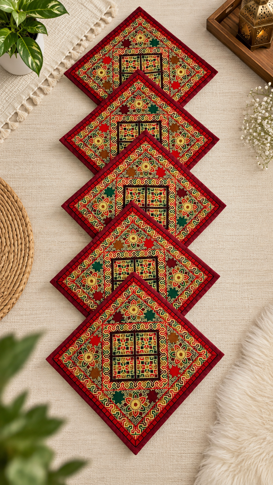 Traditional Embroidered Cushion Cover Set (5 Pieces) – 16x16 Inches