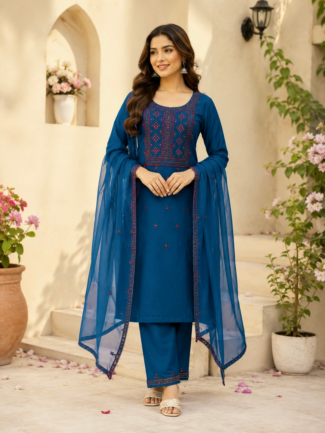Balochi Handmade Original Mirror Work Lawn Cotton Fabric With Four Border Chiffon Dupatta 3PC Unstitched Dress 👗