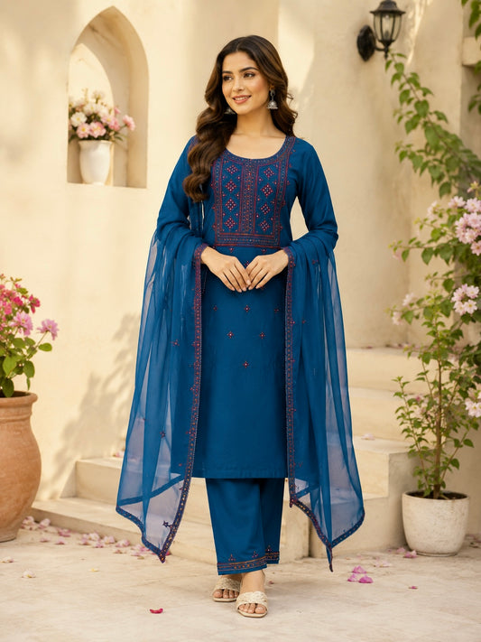 Balochi Handmade Original Mirror Work Lawn Cotton Fabric With Four Border Chiffon Dupatta 3PC Unstitched Dress 👗