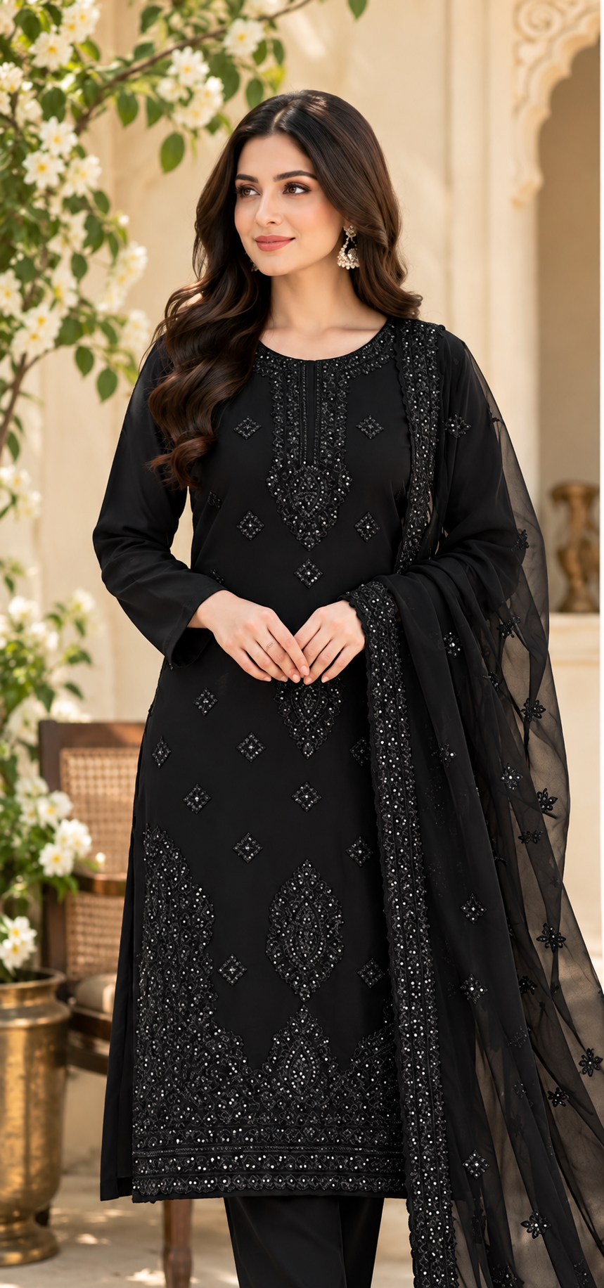 Black 3MM Sitara Embroidered Heavy Gala Daman Soft Cotton Fabric with Embroidered Chiffon Dupatta | 3PC Unstitched Suit