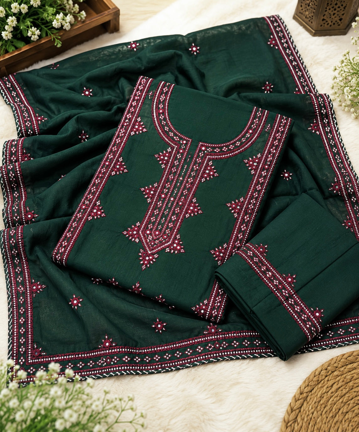 Balochi Handmade Gala Panel Original Mirror Work Soft Cotton  with Chiffon Dupatta - 3PC Unstitched Dress 👗