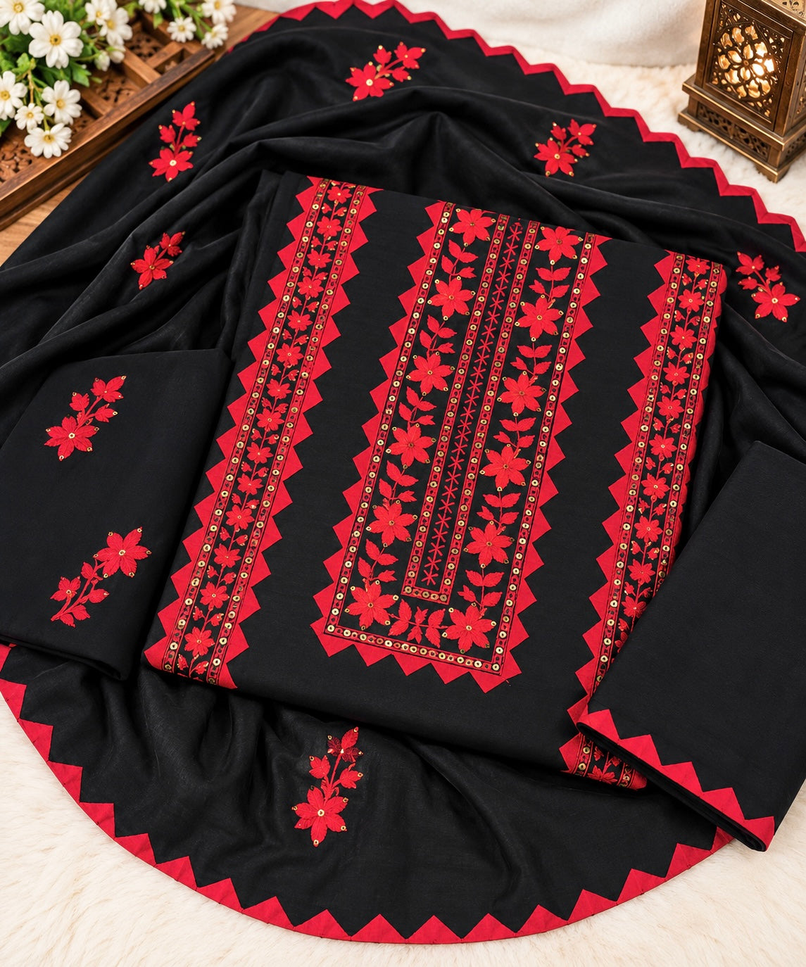 Applic Handwork & Machine Floral Embroidery Soft Cotton Shirt, Trouser with Embroidered Soft Cotton Dupatta | 3PC Unstitched Dress