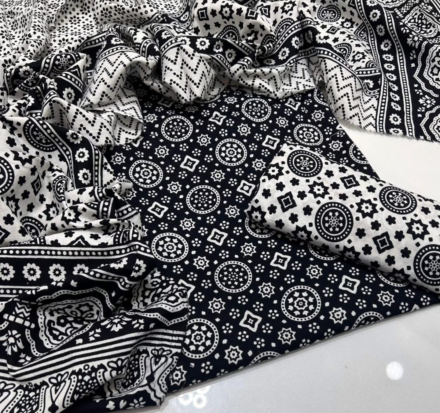 Hand Block Print Ajrak Cotton Unstitched 3-Piece Suit | All-Season Wear