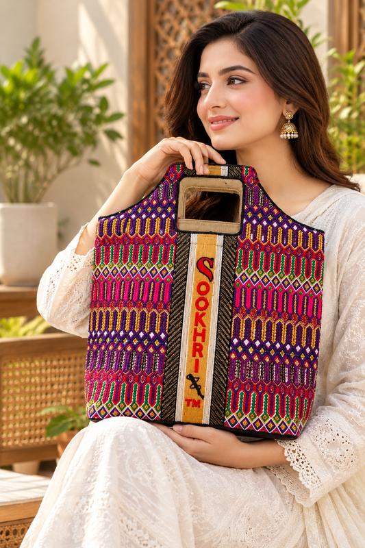Jute Fabric Front & Back All-Over Multi Arri Embroidered Tokri Bag with Top Zip