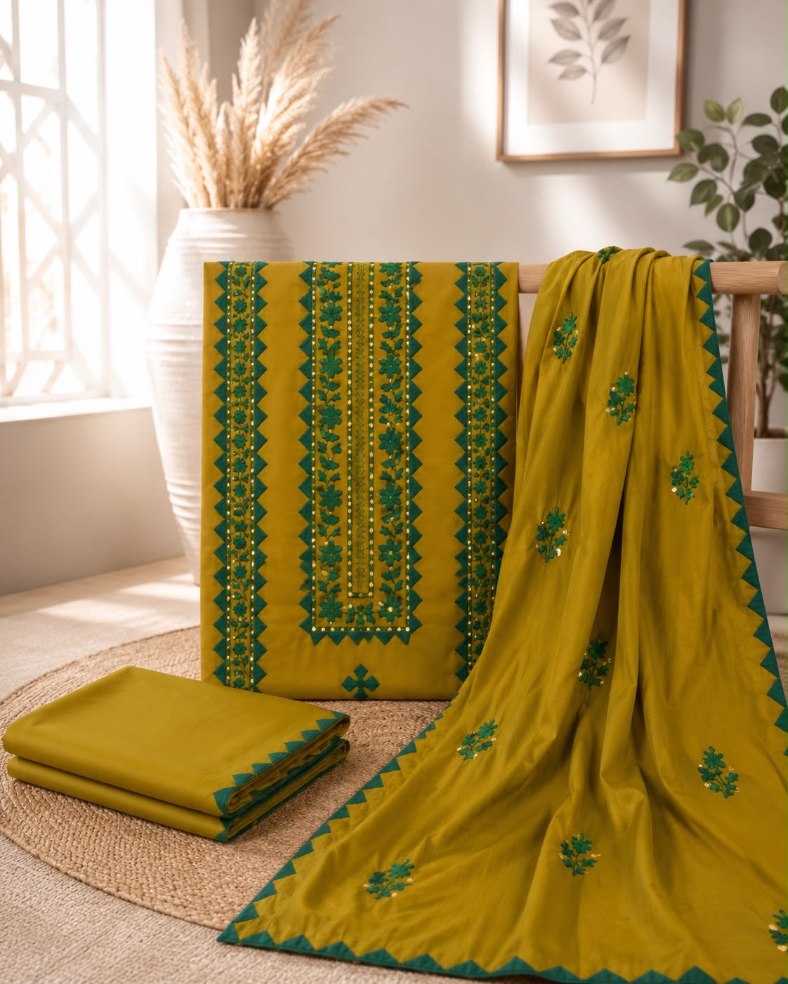 Applic Handwork & Machine Floral Embroidery Lawn Cotton Shirt, Trouser with Embroidered Lawn Cotton Dupatta | 3PC Unstitched Dress