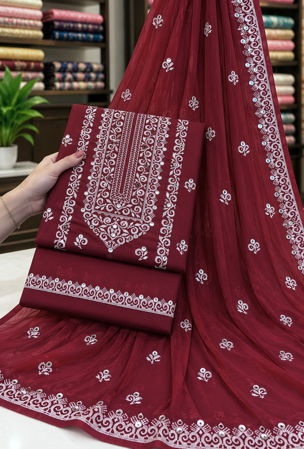 Edenrobe Style Cross Stitch 9MM Sitara - Soft Cotton with Chiffon Dupatta - 3PC Unstitch Dress 👗