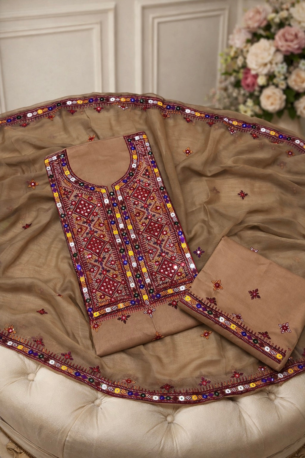 Balochi Thick Thread Sitara Embroidery Lawn Cotton With Chiffon Dupatta - 3PC Unstitch Dress 👗