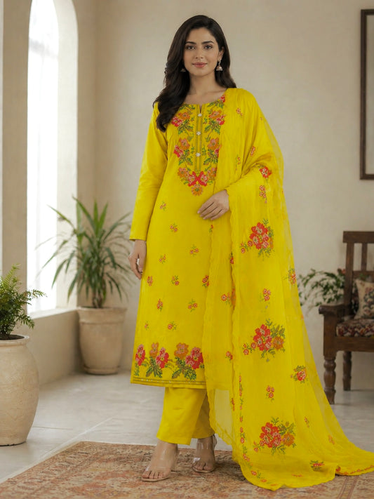 3MM Sequence Sitara Heavy Cross Stitch Multi Floral Embroidery Lawn Cotton with Chiffon Dupatta – 3PC Unstitched Dress 👗