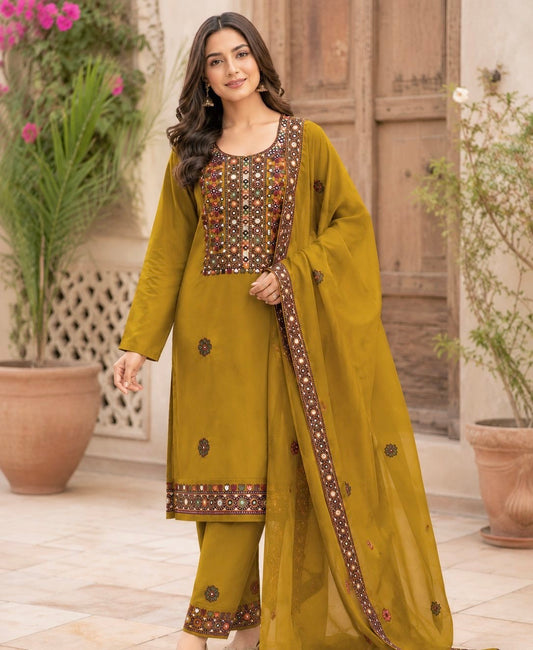 Balochi Multi Thick Thread 9MM Sitara Heavy Embroidered Soft Cotton with Chiffon Dupatta – 3PC Unstitched Dress