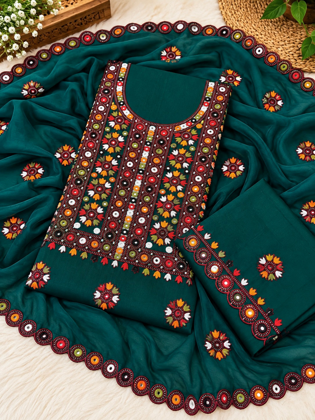 Multi Balochi Thick Thread Sitara Embroidered Soft Cotton with Cutwork Border Chiffon Dupatta - 3PC Unstitched Dress 👗