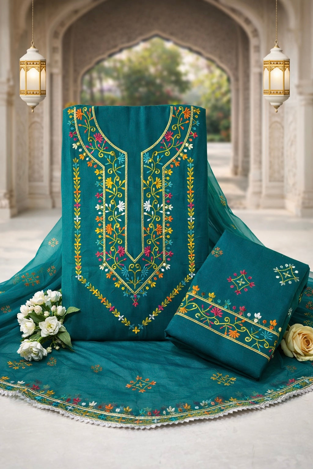 Elegant Multicolor Embroidered Lawn Cotton with Chiffon Dupatta Traditional Design - Unstitch 3PC Dress 👗