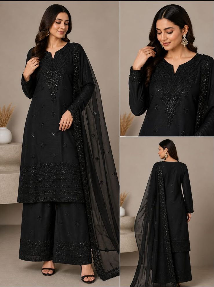 Black 3MM Sitara Embroidered Heavy Gala Daman Lawn Cotton Fabric with Embroidered Chiffon Dupatta | 3PC Unstitched Suit