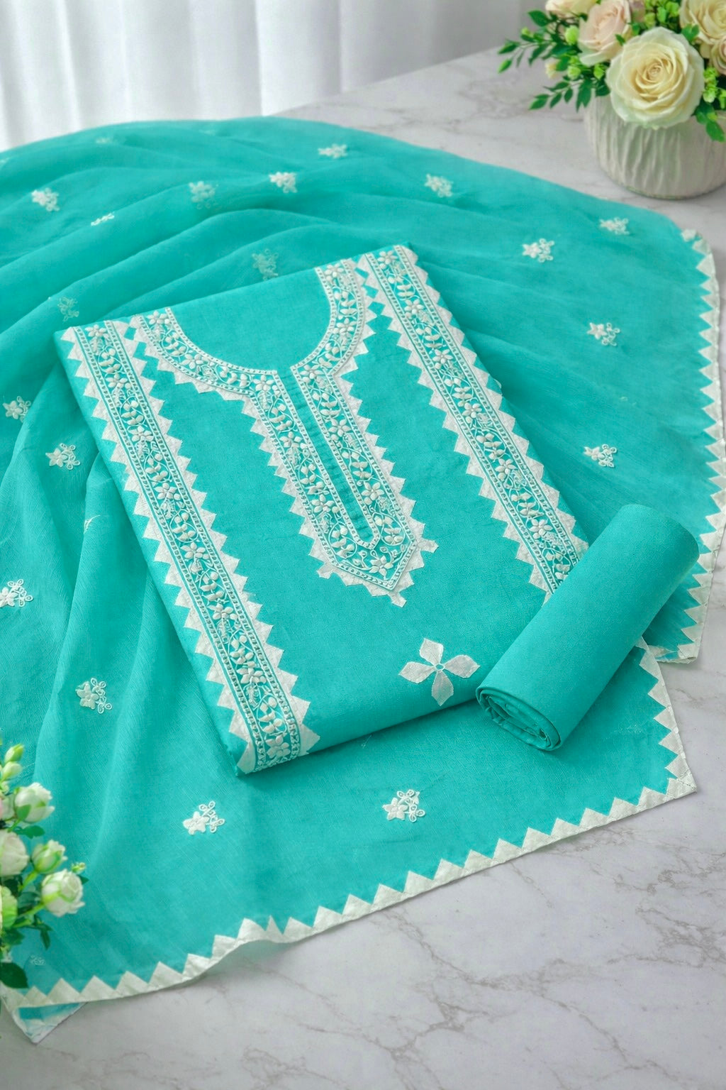 Applique Handmade Thick Thread 3mm Sequence Sitara Embroidery Lawn Cotton with Chiffon Dupatta - 3PC Unstitch Dress 👗