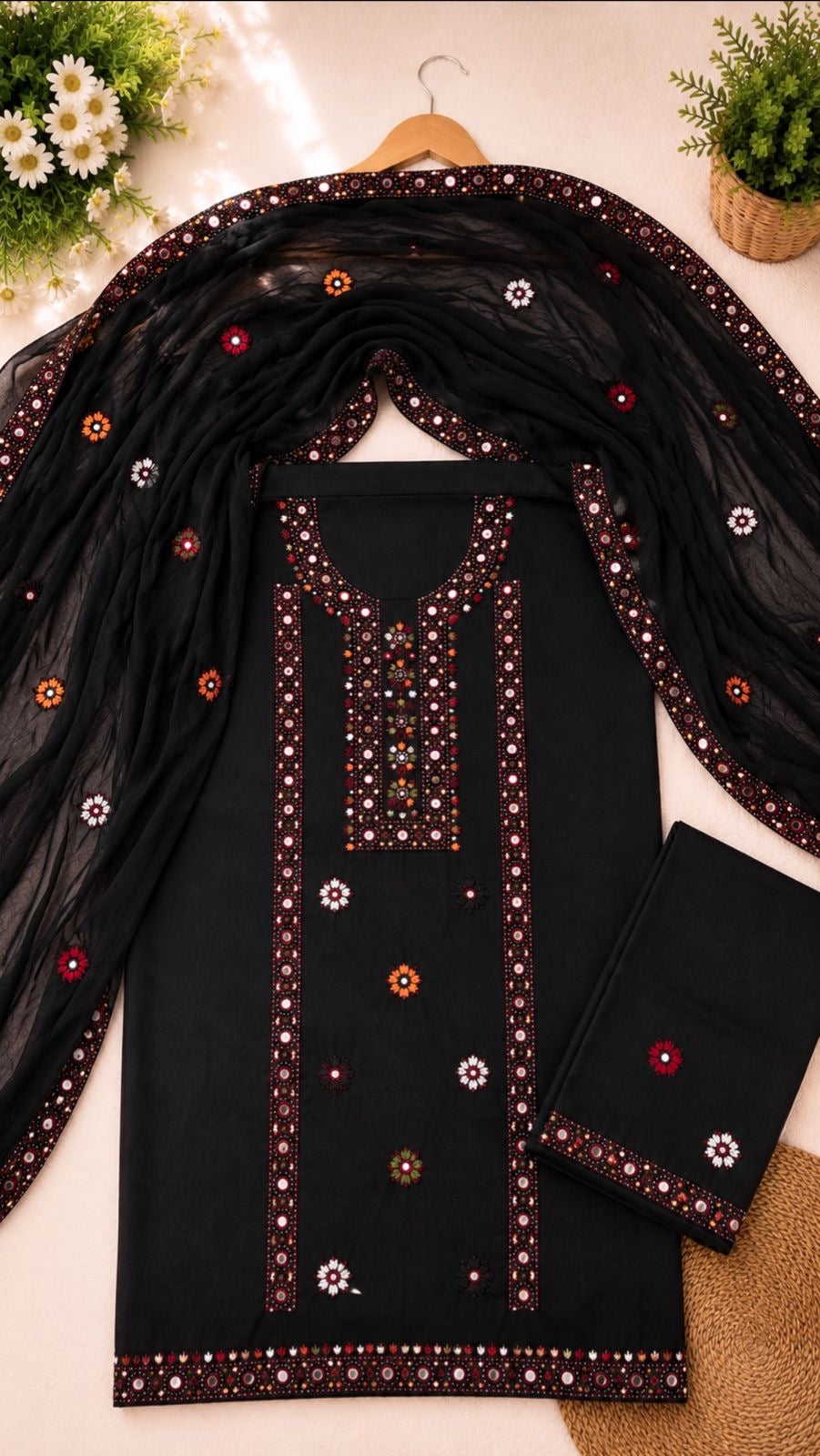Balochi Multi Thick Thread & 9MM Sitara Heavy Embroidered Soft Cotton Shirt & Trouser with Chiffon Dupatta | 3PC Unstitched Dress 👗
