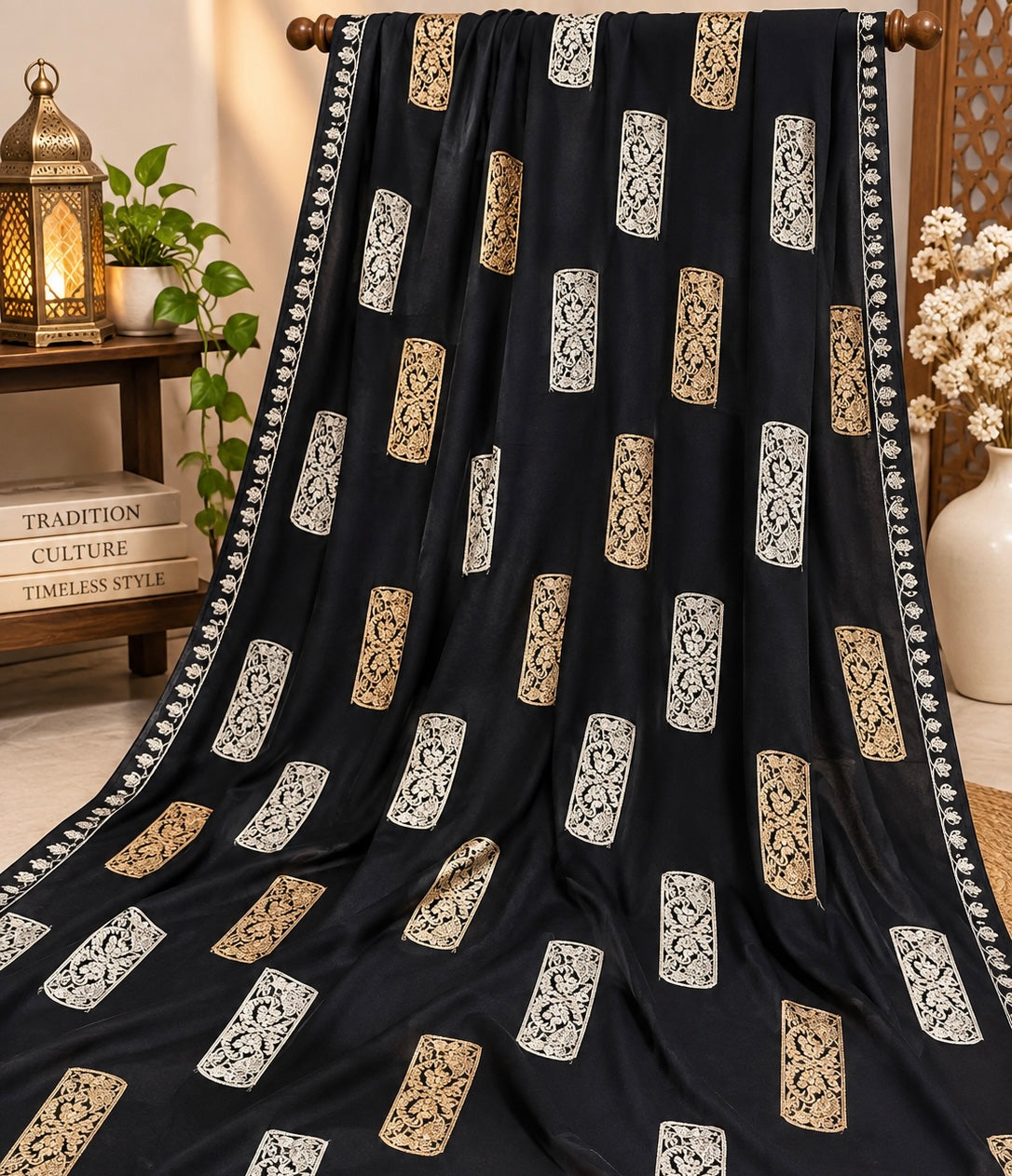 Premium Linen Chadar with Resham Embroidery | Leaf Motif | Double Side Border
