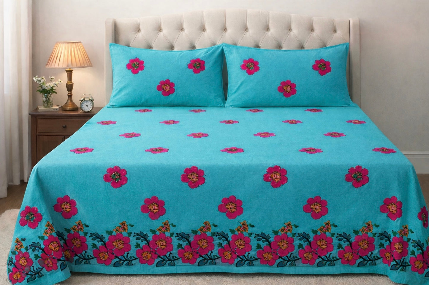 Floral Arri Embroidered Work King Size Double Bed Bedsheet With Two Stitched Pillow Covers