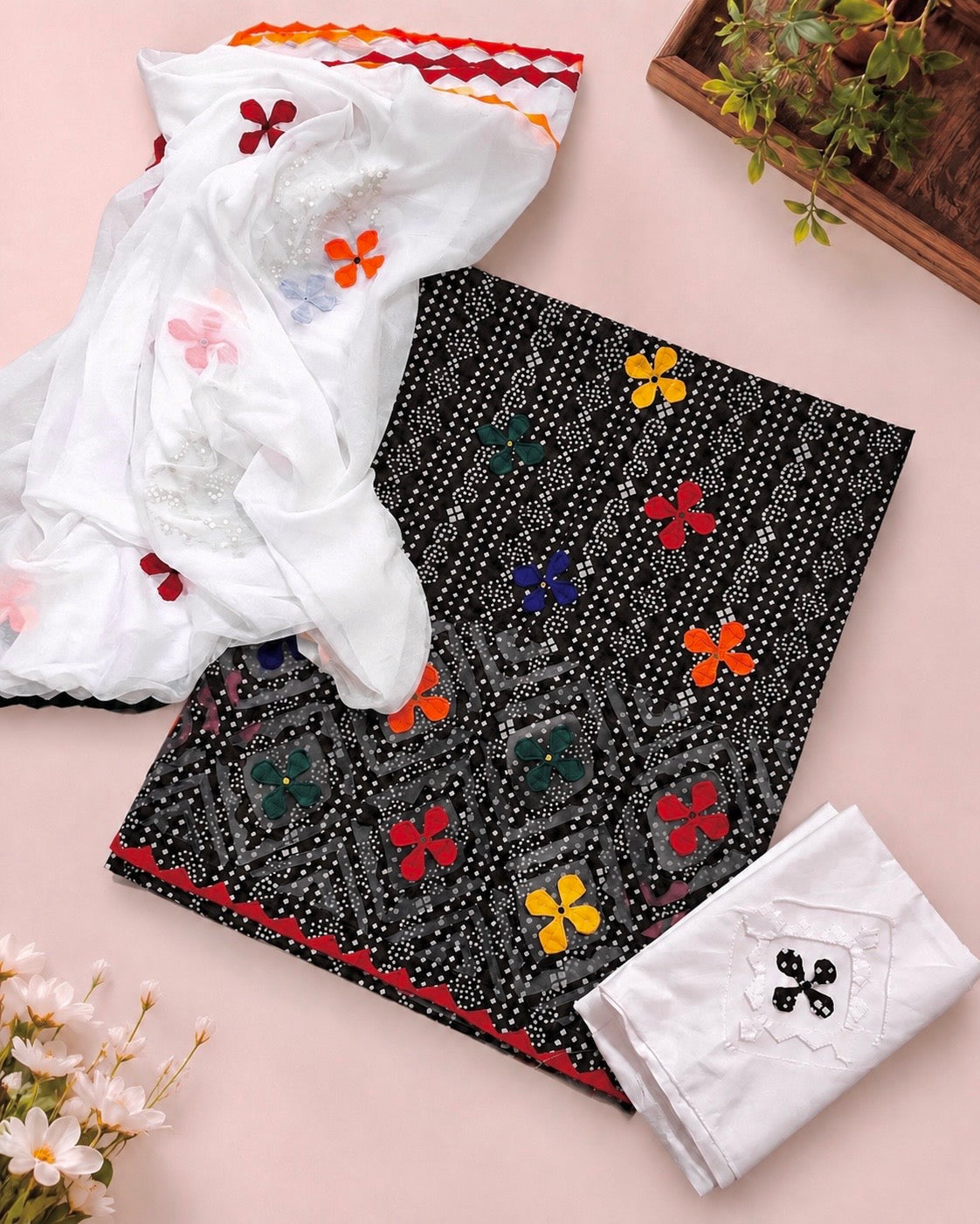 Lawn Cotton Chunri Print Multi Applic Work Handmade with Chiffon Applic Work Dupatta - 3PC Unstitch Dress 👗