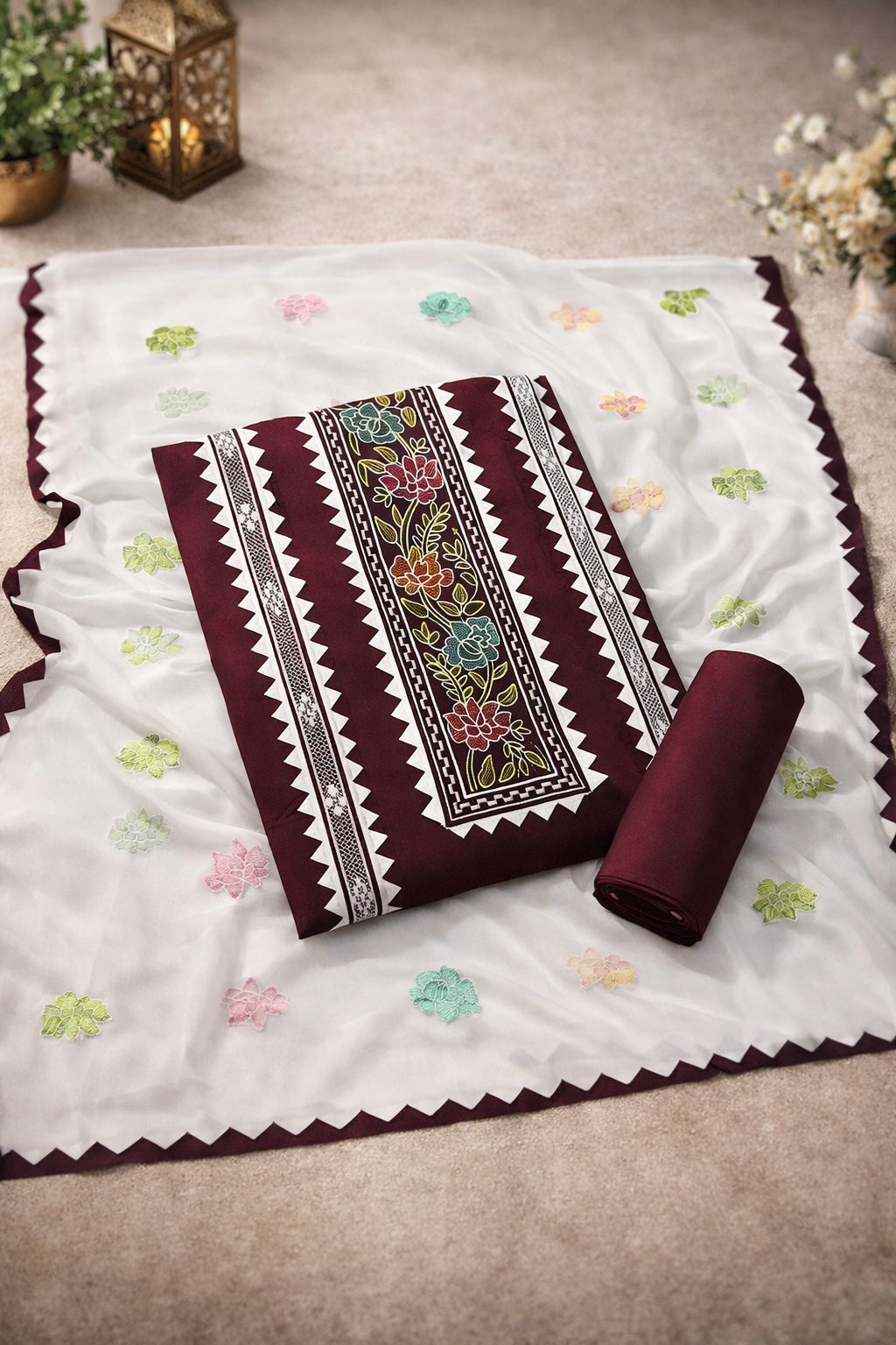 Embroidered 3-Piece Suit with White Applic Work | Soft Cotton Shirt & Trouser with Chiffon Dupatta