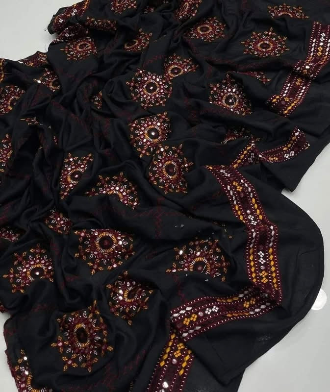 9MM Sitara Thick Thread Heavy Bunches Embroidery with Two Side Border - Swiss Lawn Chadar