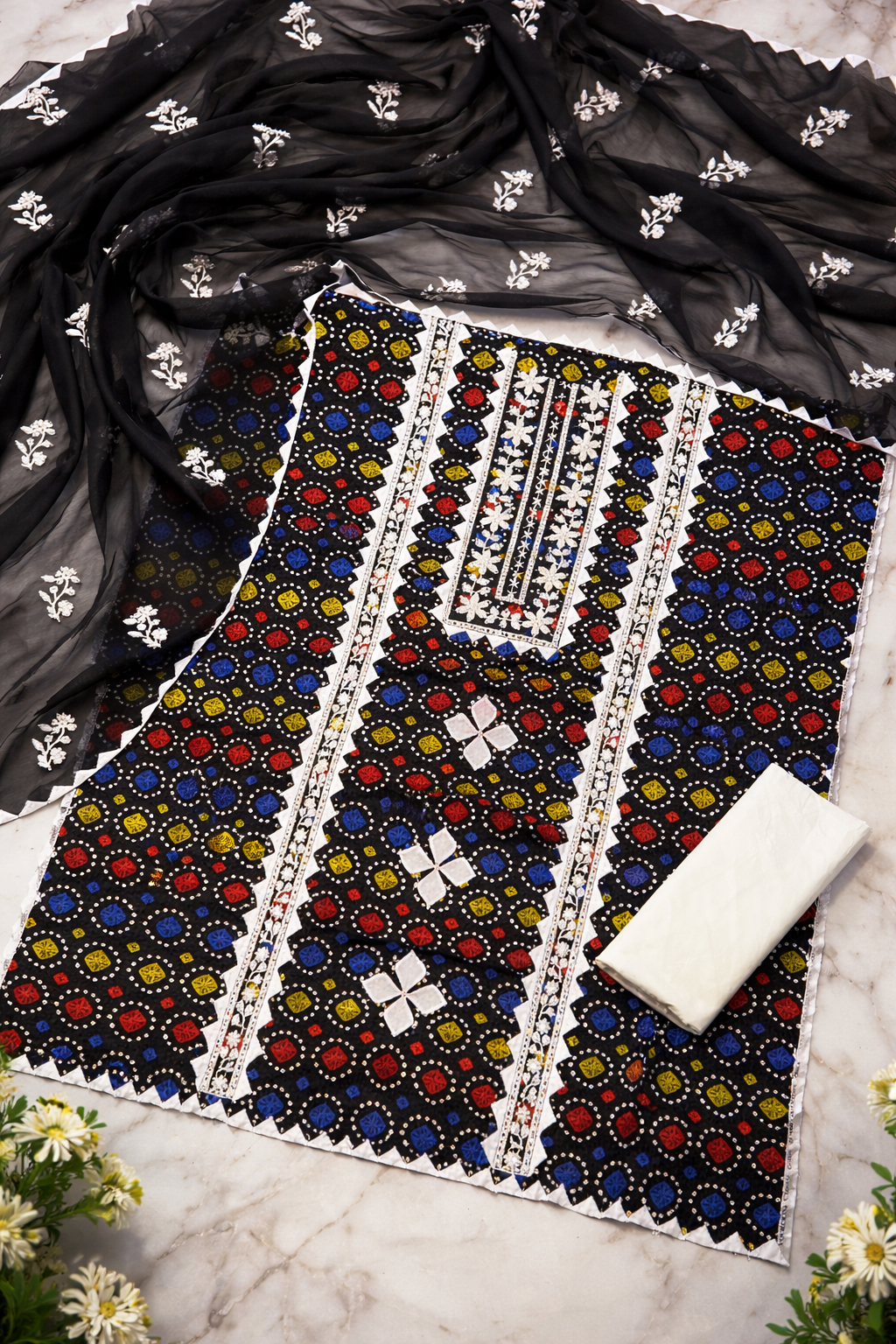 Chunri Print Applic With Embroidery Soft Cotton 3-Piece Suit