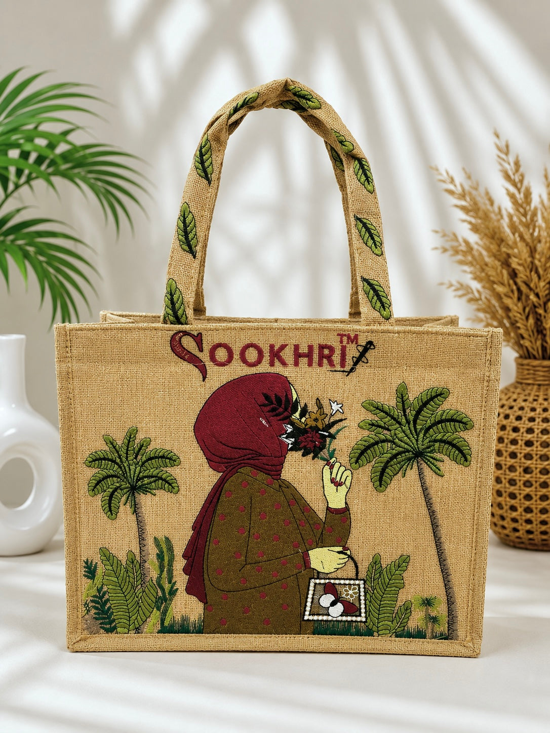 Sookhri Handcrafted Embroidered Jute Tote Bag for Women | Eco-Friendly Shopping & Everyday Handbag (15 Inches Length | 11.5 Inches Width)