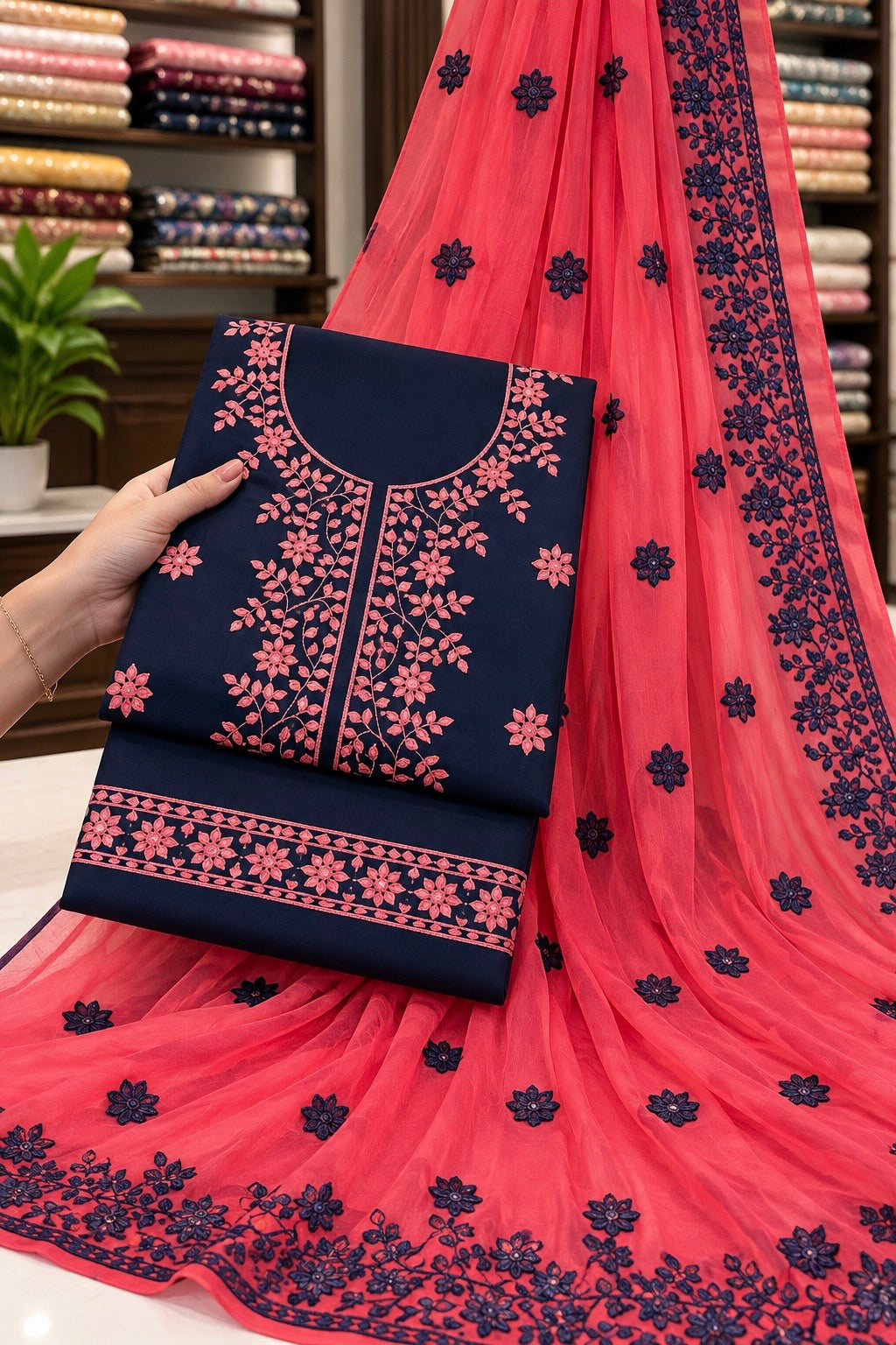 Computer Flower Patti Applique Embroidered Soft Cotton with Chiffon Dupatta - 3PC Unstitch Dress 👗